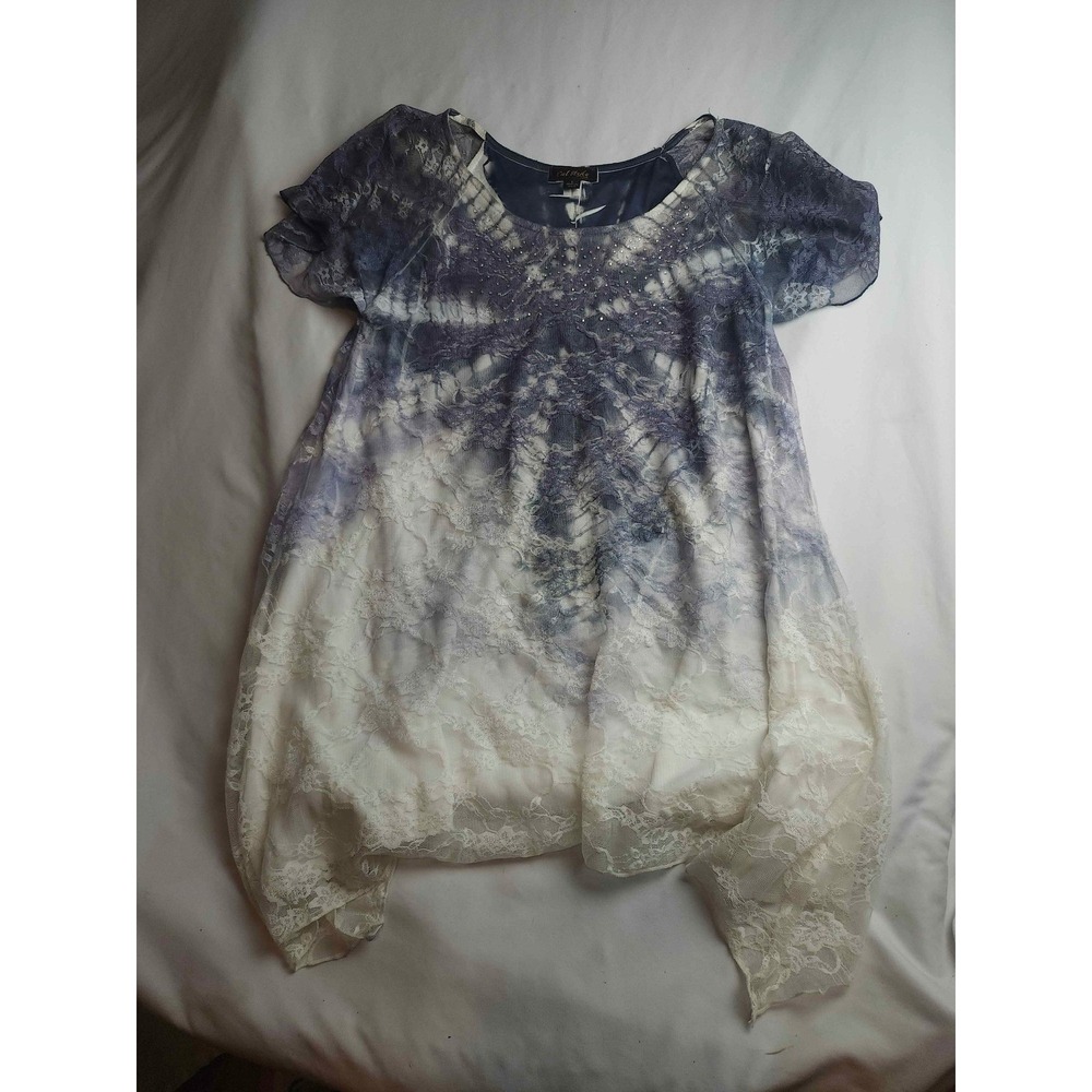 Cal Style USA Tunic Top Womens Large Tie Dye Floral Lace Rhinestone Short Sleeve